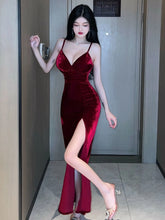2025 Summer Women's Sexy Temperament V-neck Low cut Velvet sling ceremonial dress Side Split Slim Wrap buttocks Long Dress UR6Y